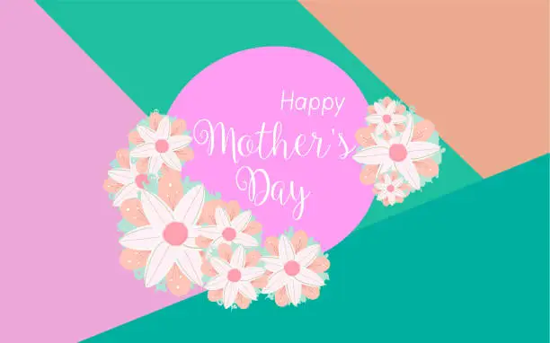 Vector illustration of Gift card for the Happy Mother's Day with flowers and letters in pastel tones. Advertisement, backdrop, flyer