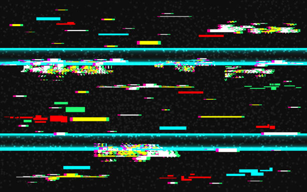 istock Glitch distortion template. VHS background with glitched color lines. Abstract pixel noise with rewind effect. HDTV no signal. TV problems. Vector illustration 1145329272