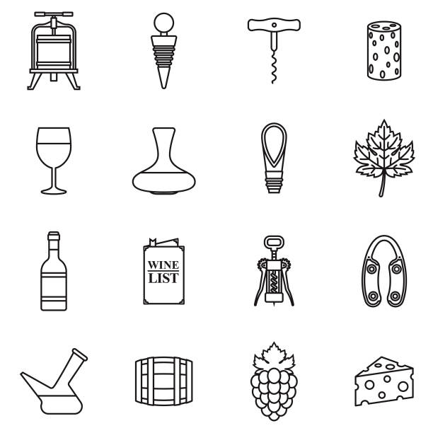 Wine Icon Set A set of icons. File is built in the CMYK color space for optimal printing. Color swatches are global so it’s easy to edit and change the colors. corkscrew stock illustrations