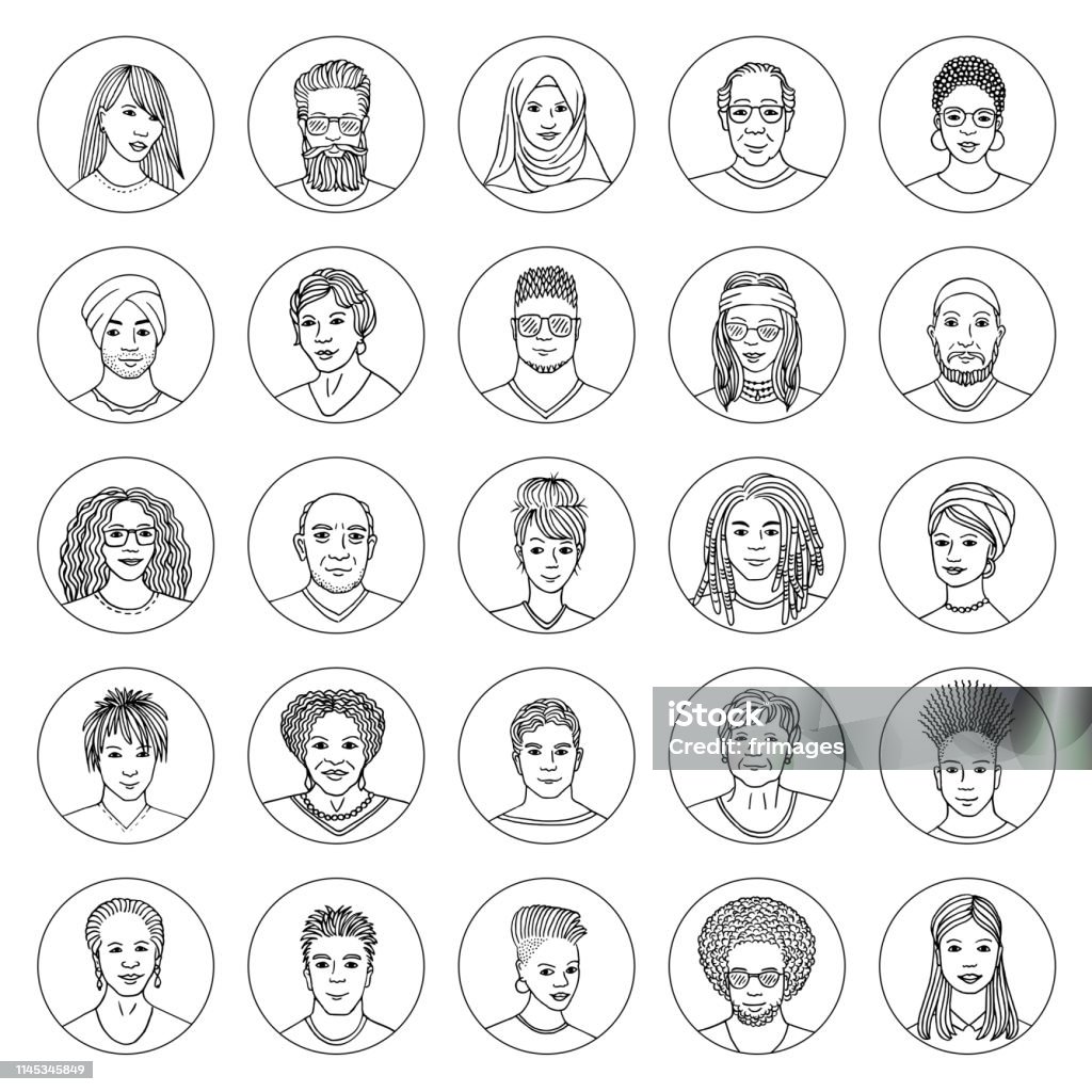 25 hand drawn avatars Set of 25 hand drawn avatars, colorful and diverse portraits of people of different ethnicities People stock vector