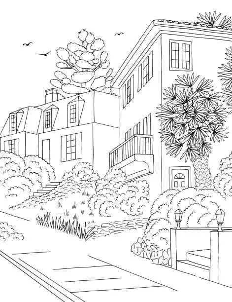 Vector illustration of Illustration of a suburban neighbourhood