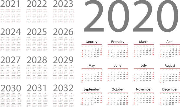 illustrazioni stock, clip art, cartoni animati e icone di tendenza di calendario inglese per gli anni 2020-2032, la settimana inizia la domenica - 2020 2029