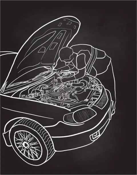 Vector illustration of Fixing The Car Chalkboard