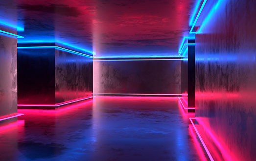 Futuristic sci-fi concrete room with glowing neon. Virtual reality portal, vibrant colors, laser energy source. Blue and pink neon lights
