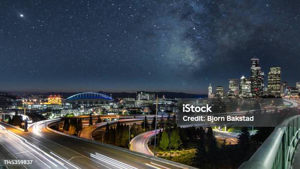 Milky Way Night Sky Over City Skyline Stock Photo - Download Image Now - Seattle, Night, City