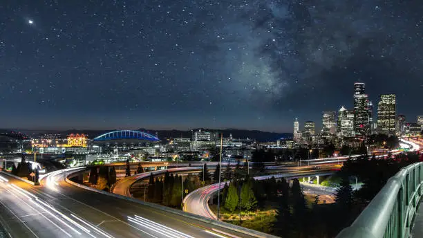 Seattle New Skyline with Stars and Galaxy Above.