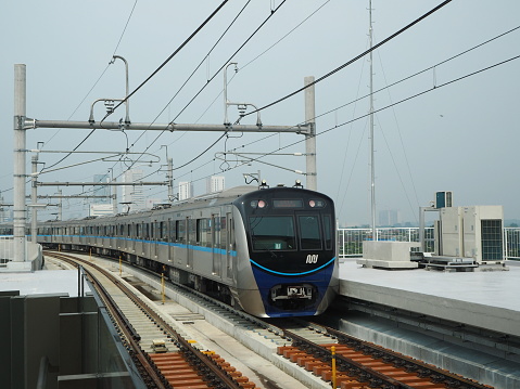 Jakarta, Indonesia - April 7, 2019: MRT Jakarta train arrives at Fatmawati MRT Station.
