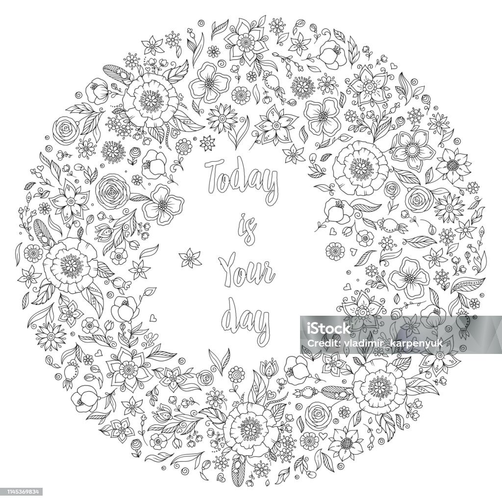 Black and white lettering illustration. Coloring book. Today is Your day. Enjoy every moment. Black and white lettering illustration. Coloring book. T-skirt, poster, banner, motivation. Adventure stock vector