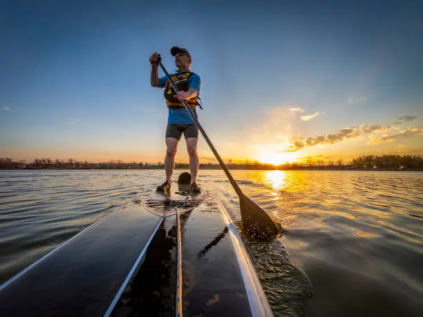 athletic senior man paddling a stand up paddleboard at sunset on a calm lake in Colorado, bow view