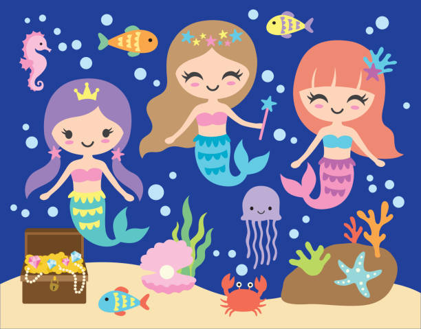 ilustraciones, imágenes clip art, dibujos animados e iconos de stock de linda sirenita bajo la ilustración vector del mar - characters coral sea horse fish