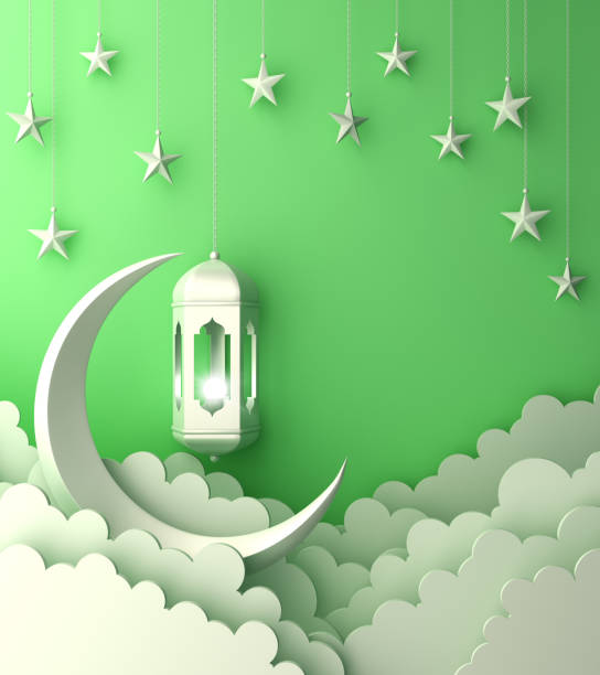 istock Arabic lantern, cloud, crescent, star on green pastel background copy space text. 1145380320