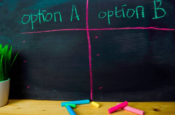 option a or option b written with color chalk concept on the blackboard - beginnings letter b planning letter a imagens e fotografias de stock