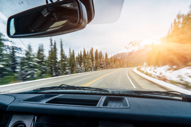 вождение автомобиля на icefields parkway - car indoors inside of vehicle interior стоковые фото и изображения