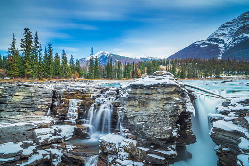 Snow capped rocky mountain landscape scene with powerful waterfall in foreground