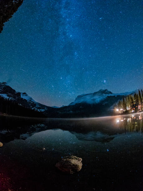 istock Emerald lake with illuminated cottage under milky way 1145382487