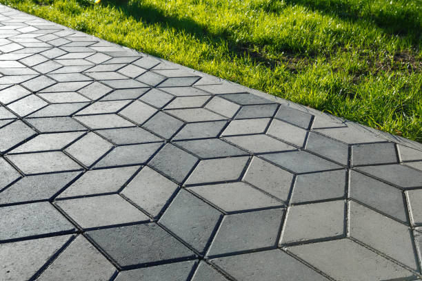 пешеходная дорожка в парке вымощена бетонной плиткой в форме бриллианта. - paving stone стоковые фото и изображения