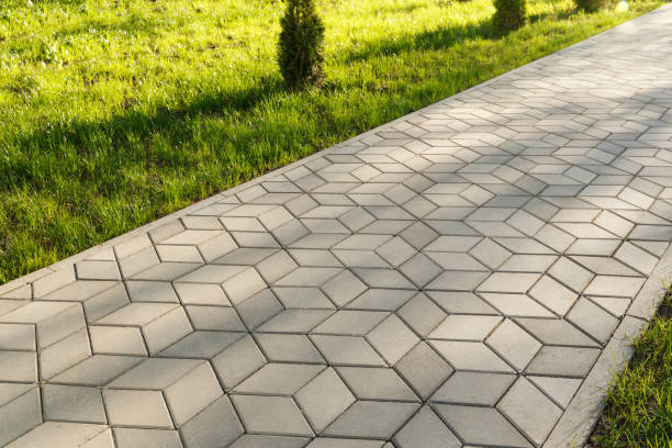 the footpath in the park is paved with diamond shaped concrete tiles. - driveway brick paving stone interlocked imagens e fotografias de stock