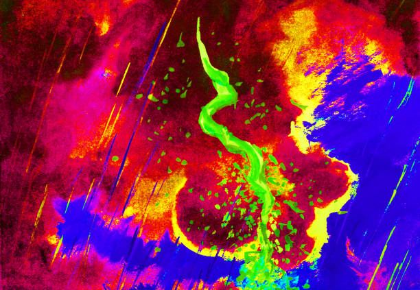 ファッショナブルなイラストの現代アート作品寓話私のオリジナルの絵画は、キャンバス印象派の油絵を描きます。ファンタジー象徴的な水平春の風景空は、明るい雲と濃い紫色の雷雨雲か� - oil painting red dark backgrounds点のイラスト素材／クリップアート素材／マンガ素材／アイコン素材