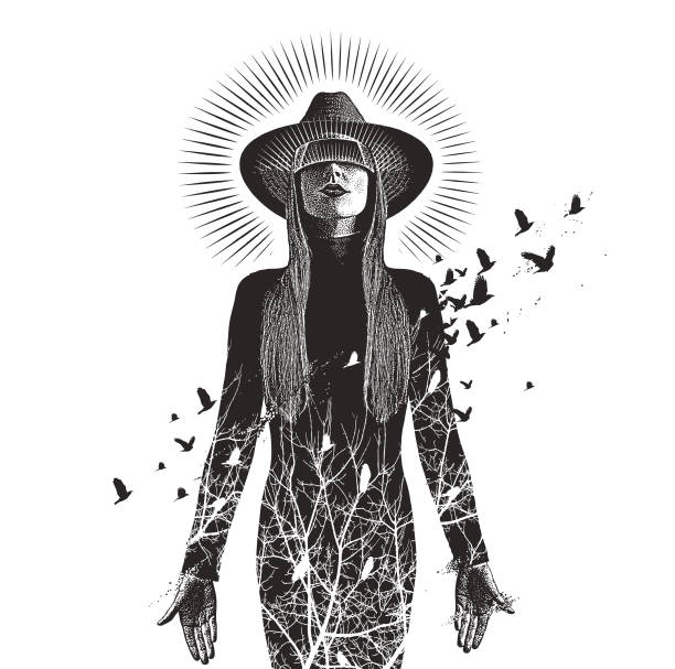 Multiple exposure of a Beautiful woman using virtual reality headset to connect with nature Engraving vector of a Beautiful woman using virtual reality headset to connect with nature black and white woman stock illustrations