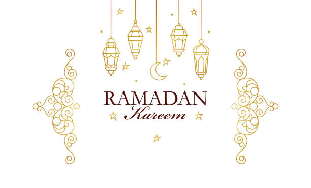 Vector card for Ramadan Kareem greeting. Vector Ramadan Kareem card. Vintage banner for Ramadan wishing. Arabic  lamps, crescent, stars. Gold emblem in Eastern style. Islamic background. Badge for Muslim feast of the holy of Ramadan month. fasting activity illustrations stock illustrations
