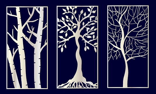 Set of Decorative laser cut panels with tree shapes.Vector Illustration.