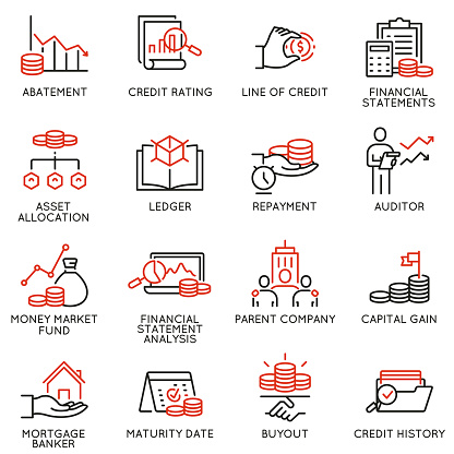 Vector set of linear icons related to investment, financial advice and business management. Mono line pictograms and infographics design elements - part 1