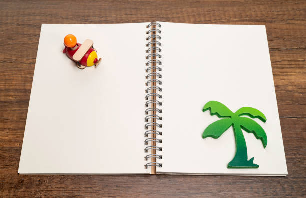 Red and yellow wooden airplane on blank white notebook with green palm tree stock photo