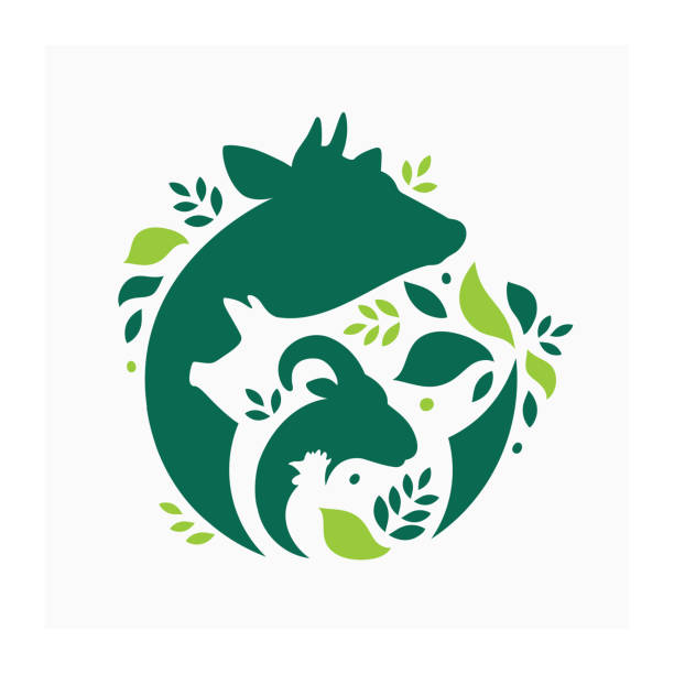 Farm animals sign Vector illustration with cow, pig, goat and chicken. Livestock pattern with farm animals and leaves. Green logo for ranch farm animals stock illustrations