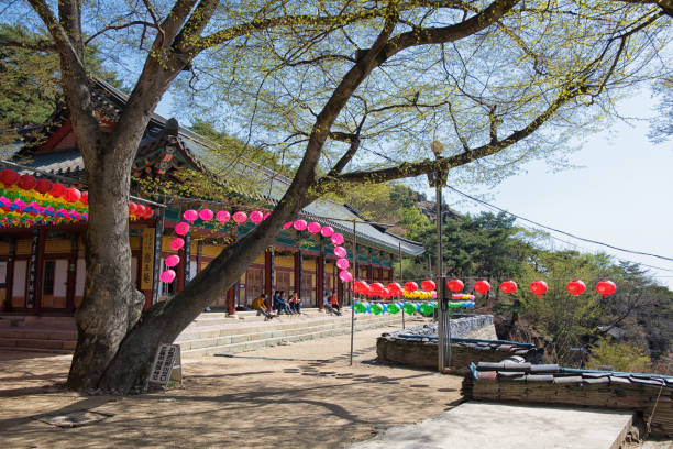 Seoul, Korea - April 27th, 2019: Hikers taking a break at Yeonjusa Buddhist Temple preparing for the Buddha's Birthday in Gwanaksan Mountain, Seoul. 관악산 연주사