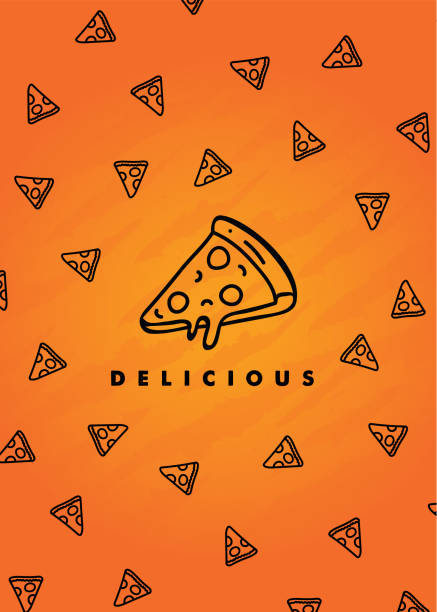 Scattered miniature pizza slices floating over an extreme orange background. Pattern of miniature pizza slices floating on top of a strong and bold orange background. Flyer or poster template for event, sale, promotion or other. pizza designs stock illustrations
