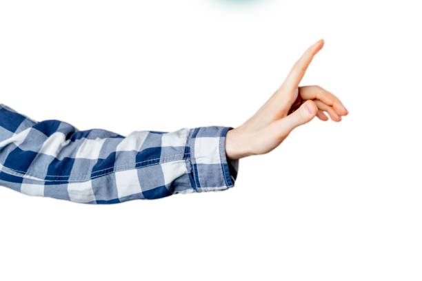 Close-up of opened hand against white background.