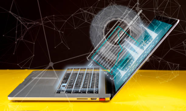 istock modern laptop with 3d hud on the table b 1145410211