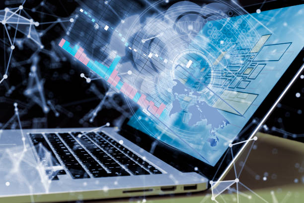 istock modern laptop with 3d hud on the table b 1145410293
