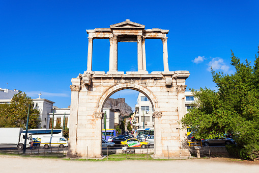 The Arch of Hadrian or Hadrian's Gate is a monumental gateway resembling in some respects a Roman triumphal arch. The Arch of Hadrian is located in the center of Athens, Greece.