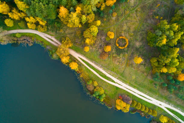 autumn nature of central russia from a height. - coastline aerial view forest pond imagens e fotografias de stock