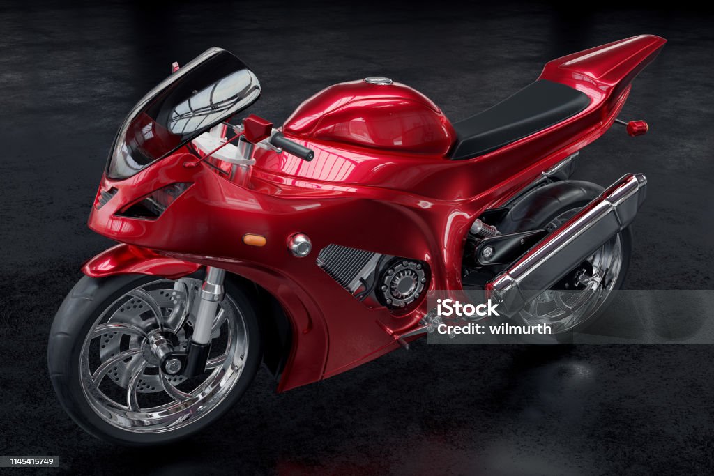 3D rendered image of a metallic red motorcycle on black background Motorbike sportbike for fast racing Motorcycle Stock Photo