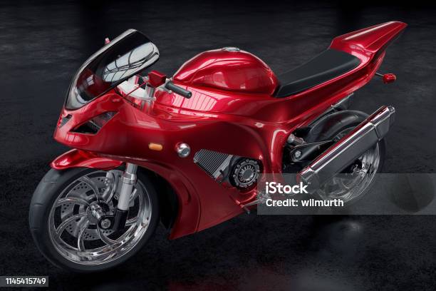 3d Rendered Image Of A Metallic Red Motorcycle On Black Background Stock Photo - Download Image Now