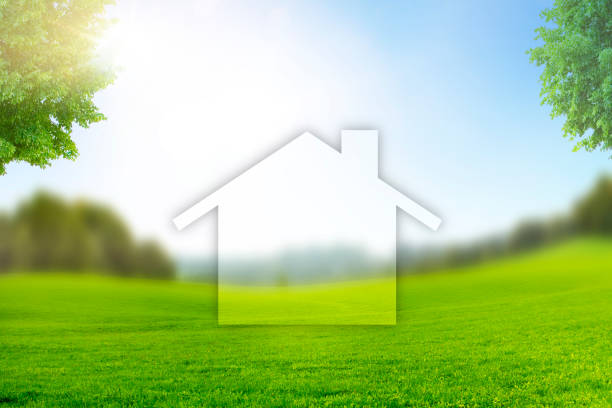 Home Symbol in Landscape with green Meadow and Trees