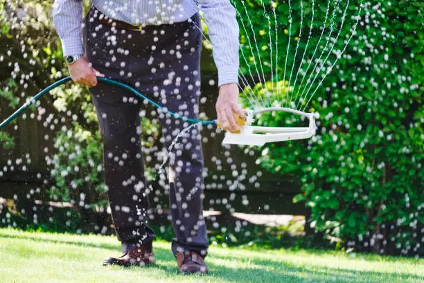 Man living water sprayer using nozzles to hydrate the garden grass during hot dry summer season uk