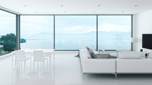 minimalista home interior con vista sul mare - luxury hotel looking through window comfortable foto e immagini stock