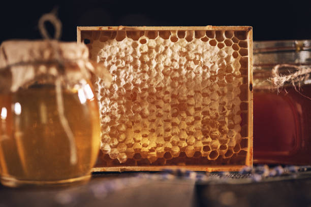 Organic honey products on wooden table