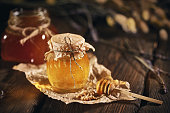 Organic honey products on wooden table