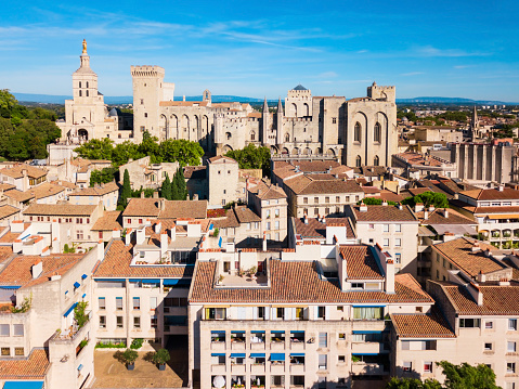 Palace of the Popes or Palais des Papes and Avignon Cathedral aerial panoramic view in Avignon city, southern France