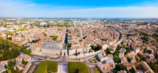 Montpellier aerial panoramic view. Montpellier is the capital city of the Herault department in southern France.