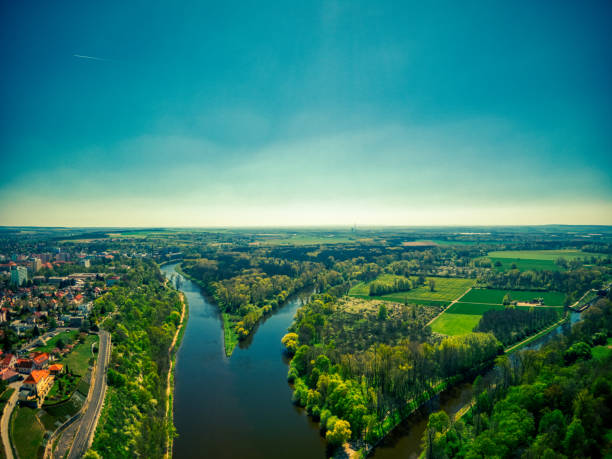 Confluence of the Elbe and Vltava Rivers aerial view of the Confluence of the Elbe and Vltava Rivers in Melnik elbe river stock pictures, royalty-free photos & images