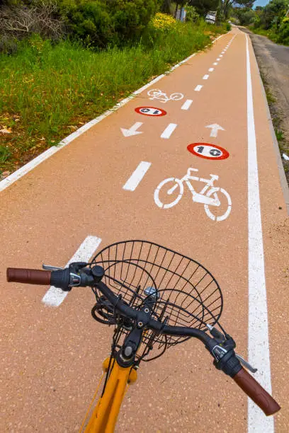 Bicycle steering wheel and bicycle lanes with roadsigns on the asphalt