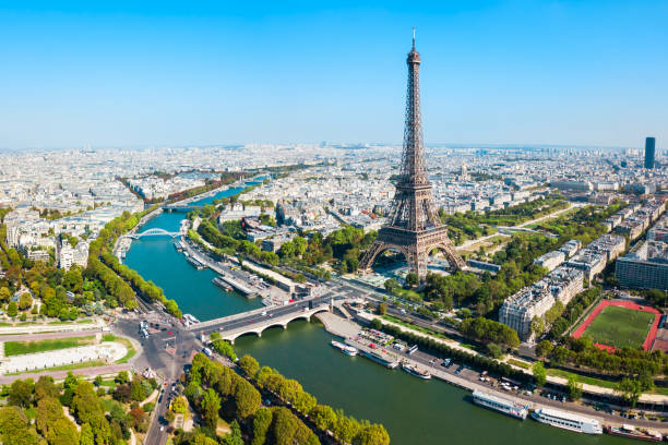 Eiffel Tower aerial view, Paris Eiffel Tower or Tour Eiffel aerial view, is a wrought iron lattice tower on the Champ de Mars in Paris, France seine river photos stock pictures, royalty-free photos & images