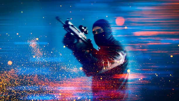 Concept of an ingame video sequence with an army soldier or criminal with mask and gun. He aims at a target. Sparks fly.
