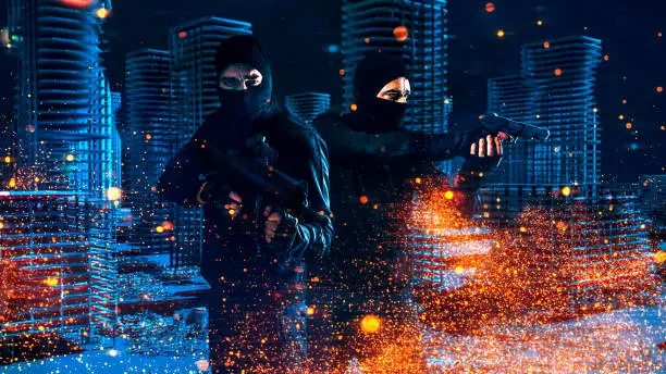 Concept of ingame graphics from a fictive computer game. Two soldiers or criminals work together and hold weapons. They are both masked. They could also be from a Swat-team. It is night and spars fly in the air.
Note: The model is the same, even though there are two persons in the image.