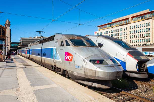 TGV intercity high speed train MARSEILLE, FRANCE - SEPTEMBER 23, 2018: TGV intercity high speed train at the Marseille railway station marseille station stock pictures, royalty-free photos & images